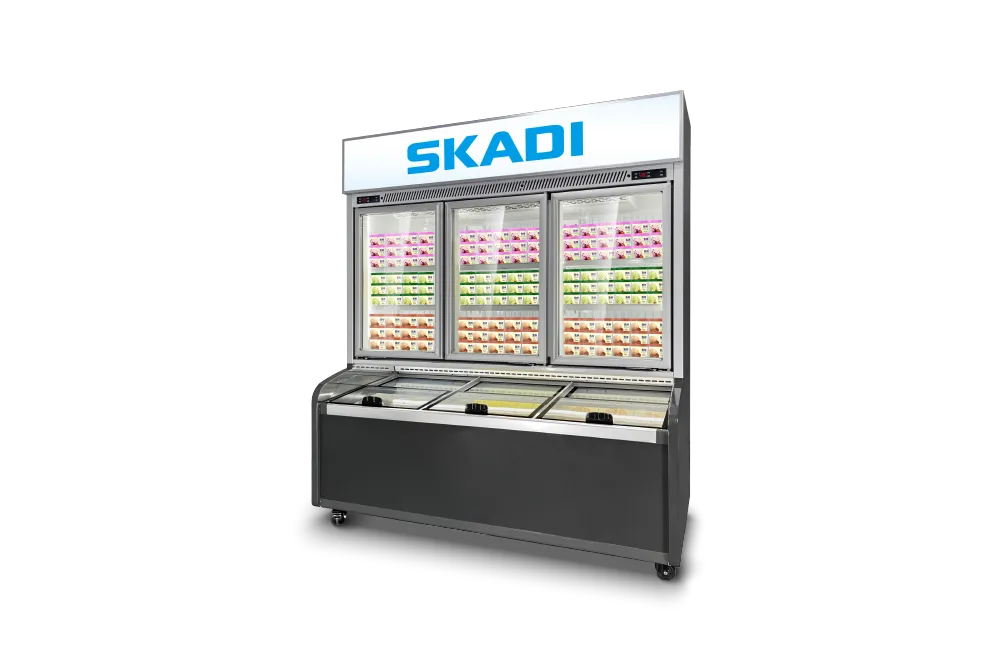 A standalone SKADI freezer cabinet, model CFC-1858, designed for bulk orders and high-capacity storage. The freezer features a triple-door layout with clear glass panels displaying a range of colorful products inside, ideal for commercial use.